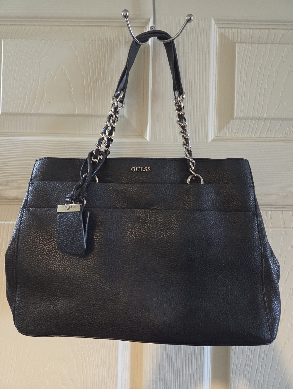 GUESS Black Pebbled Leather Tote with Chain-Accent Straps